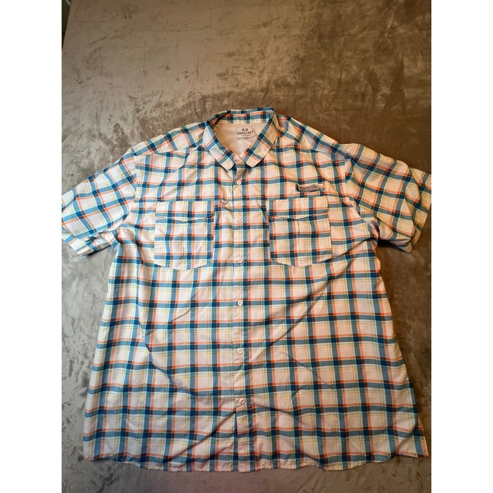 Realtree Fishing Shirt Mens 3XL Blue Orange Short Sleeve Button Down Plaid